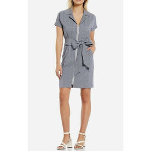 LDT Courtney Zip Front Gingham Check Shirt Dress Navy White Tie Front Sz 0 NWT